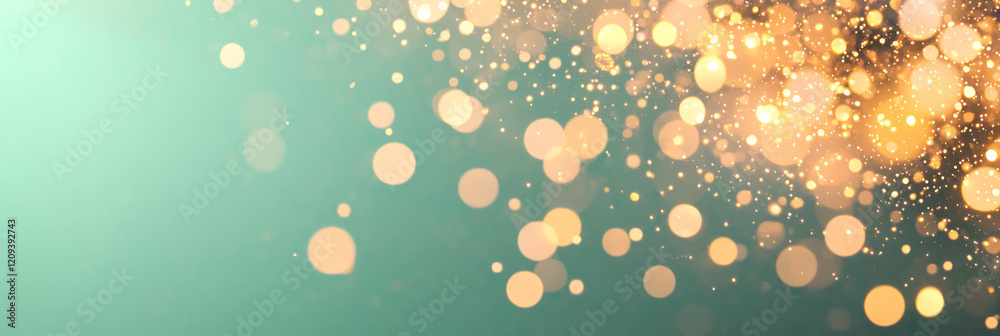 Aufkleber a minimalist festive scene with scattered golden bokeh lights on a solid green background, emphasizi