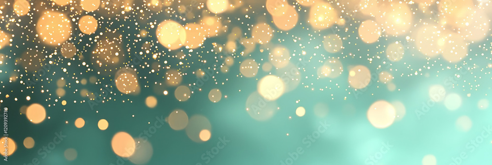 Poster a minimalist festive scene with scattered golden bokeh lights on a solid green background, emphasizi