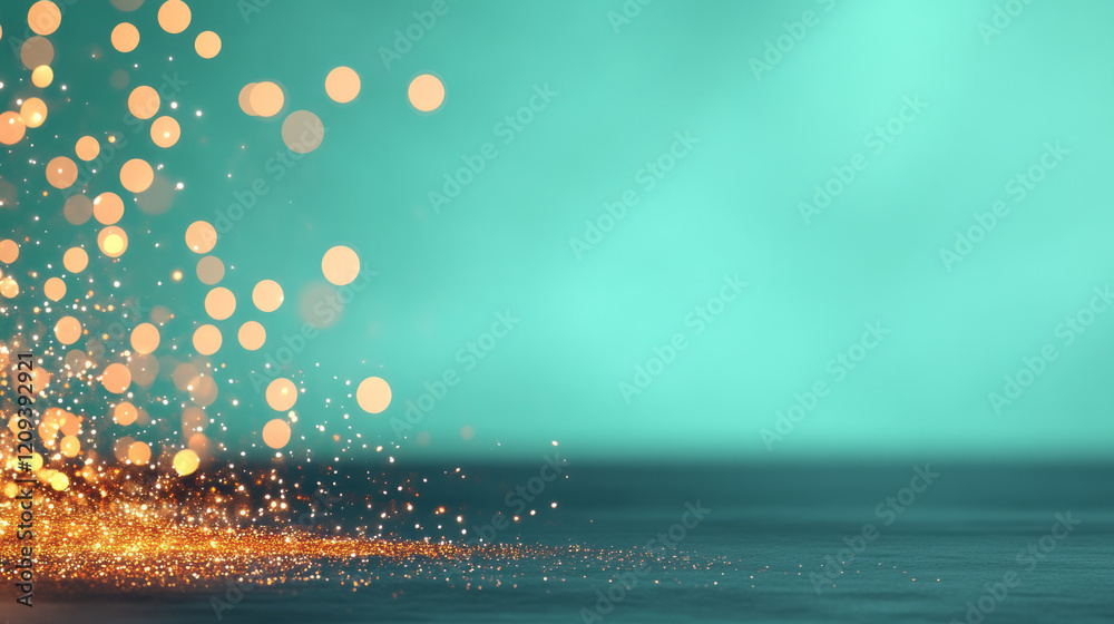 Poster An artistic composition of golden bokeh lights blending into a green gradient background, creating a harmonious and festive mood,