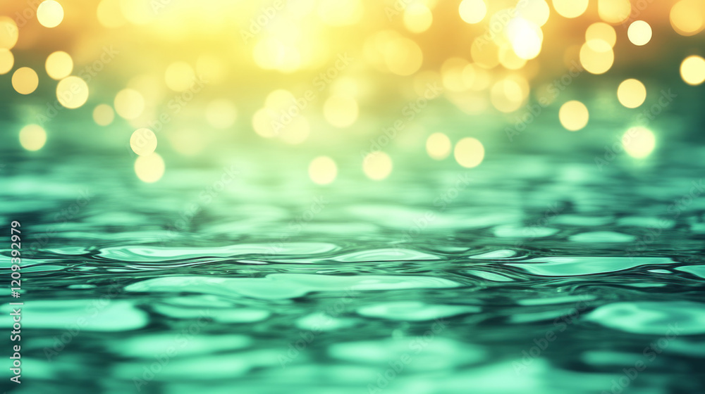 Poster a tranquil evening with golden bokeh lights reflecting on green water surfaces, creating a serene an