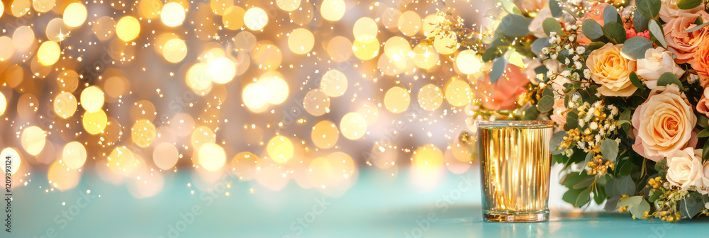 Poster a festive banquet hall adorned with golden bokeh lights hanging above green table settings, creating