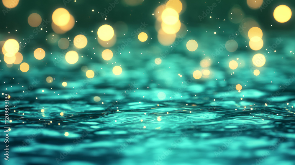 Poster a tranquil evening with golden bokeh lights reflecting on green water surfaces, creating a serene an