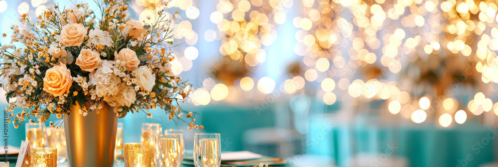 Poster a festive banquet hall adorned with golden bokeh lights hanging above green table settings, creating