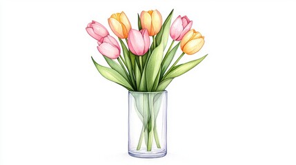 Obraz premium Vibrant Watercolor Painting of Pink and Yellow Tulips in a Glass Vase, Spring Floral Still Life