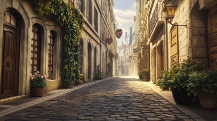 Obraz premium Charming cobblestone street lined with historic buildings and greenery.