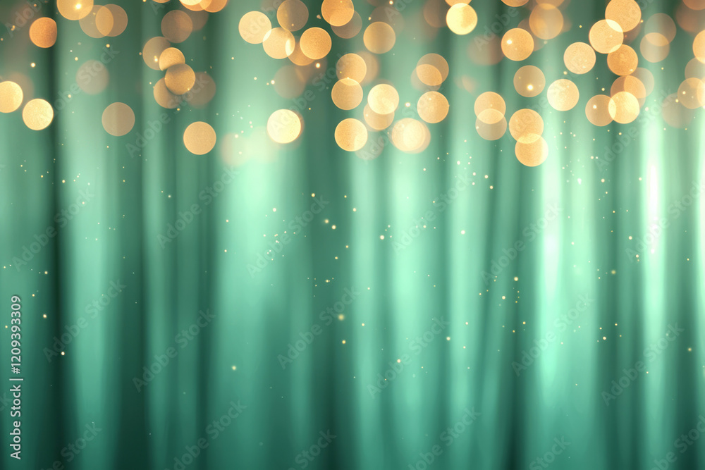 Aufkleber A festive window display with golden bokeh lights arranged on green curtains, creating a warm and inviting holiday atmosphere,