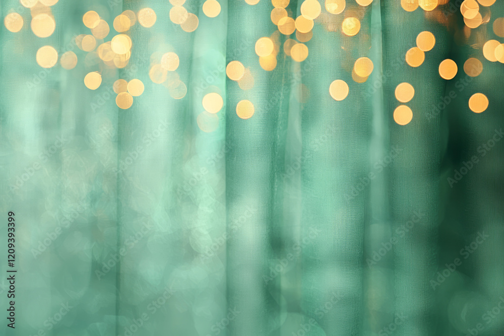 Aufkleber A festive window display with golden bokeh lights arranged on green curtains, creating a warm and inviting holiday atmosphere,