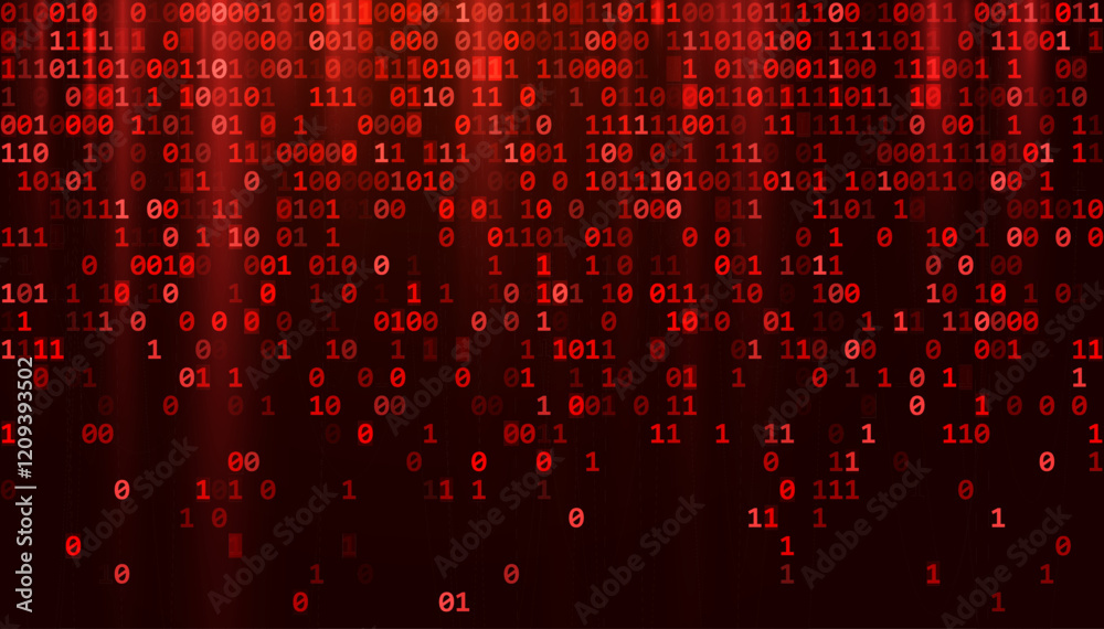 Fototapete Abstract Red Binary Software Programming Code Background. Malicious Hack Malware Ransomware Concept. Data Leak Breach. Random Binary Data Matrix Wide Vector Illustration.