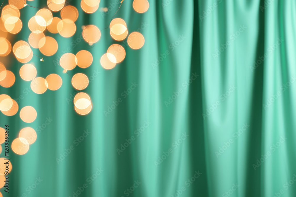 Poster A festive window display with golden bokeh lights arranged on green curtains, creating a warm and inviting holiday atmosphere,