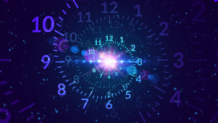 Blue Clock Spiral Dial. Clock in Space. Time Travel Infinity Universe Concept Metaphor. Infinite Time is Flying Fast Past and Future Concept. Timeless. Vector Illustration.