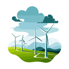 Wind Turbines on Green Hills Under a Cloudy Sky