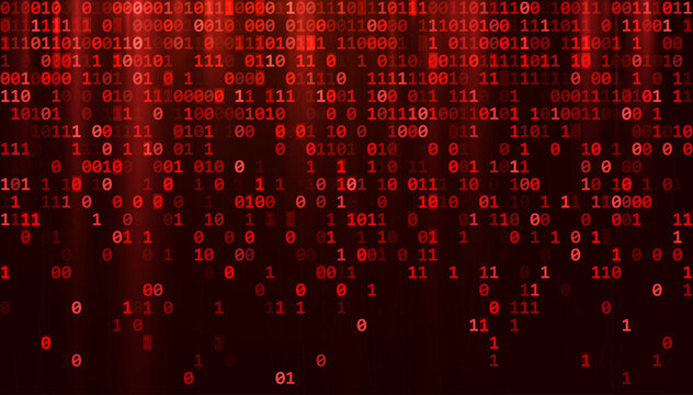 Abstract Red Binary Software Programming Code Background. Malicious Hack Malware Ransomware Concept. Data Leak Breach. Random Binary Data Matrix Wide Vector Illustration.