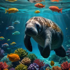Obraz premium A peaceful underwater scene featuring manatee.