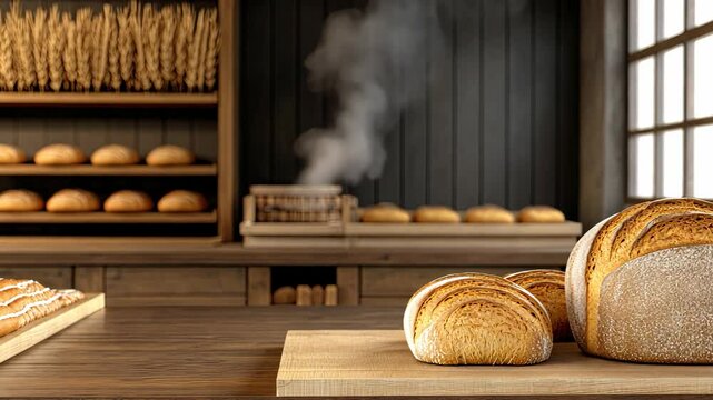 Artisan bread rests on a wooden table in a charming bakery showcasing fresh loaves and warm ambiance