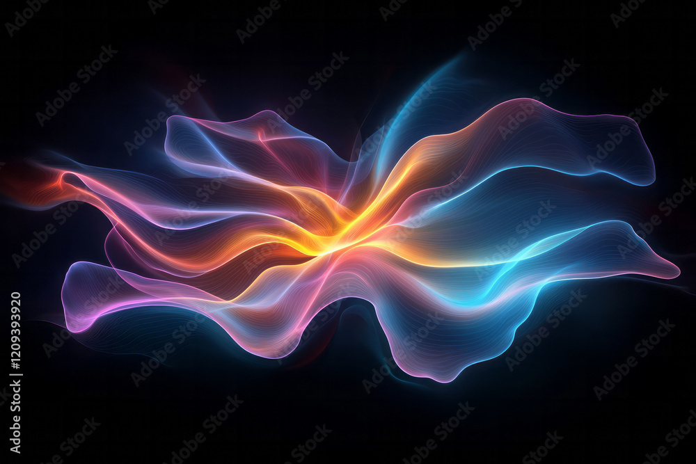 Poster A mesmerizing abstract light pattern with radiant red and blue lines emanating from multiple points, creating a multi-dimensional effect,