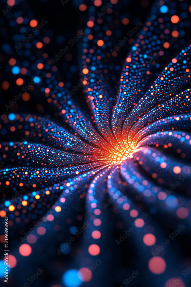 Poster An artistic depiction of red and blue abstract radiating lights forming geometric shapes and patterns, highlighting symmetry and structure,