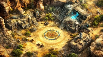 Desert Oasis Game Scene Ancient Ruins, Magical Compass