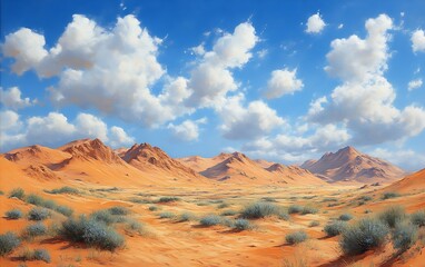 Naklejka premium Sunny desert landscape with mountains and sparse vegetation under a partly cloudy sky.