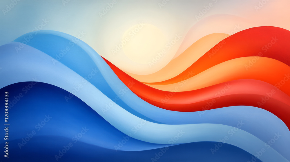 Poster a modern abstract artwork showcasing smooth red and blue radiating curves blending into each other, 