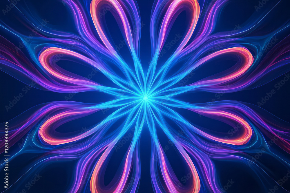 Poster an elegant abstract radiating light pattern featuring fine red and blue lines extending from the cen