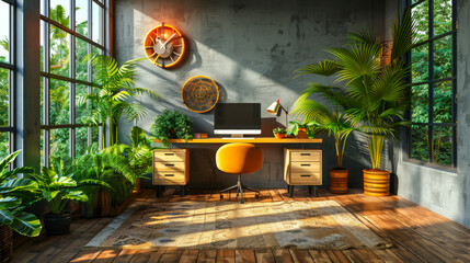 Modern home office with minimalist design, cozy room with plants The concept of remote work, freelancing