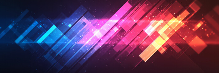 A striking abstract design with vibrant red and blue radiating light patterns forming intricate geometric shapes against a dark backdrop,