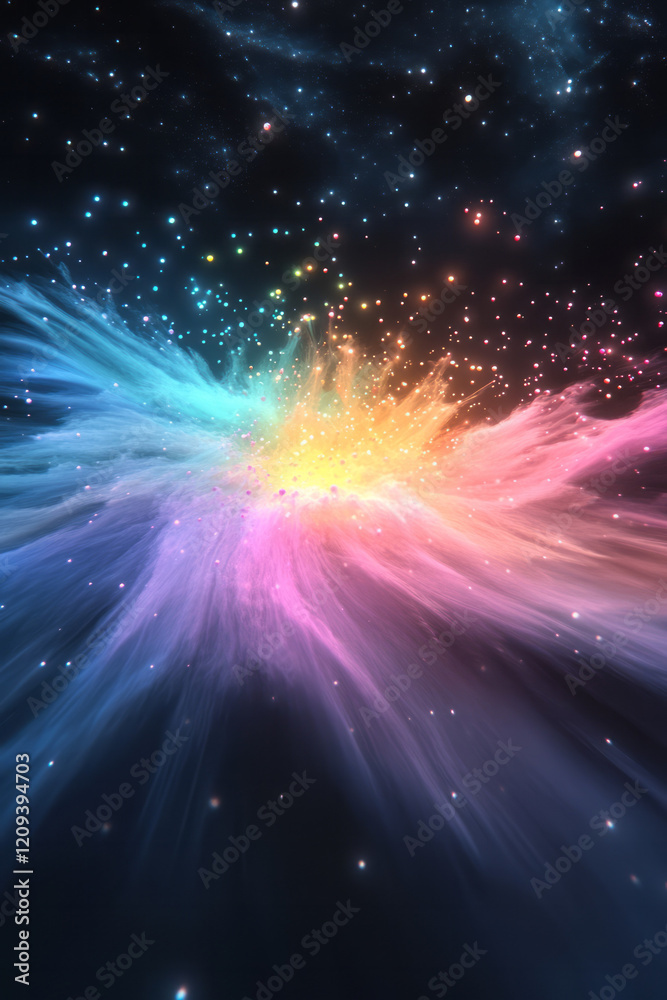 Fototapete an abstract scene featuring a burst of multicolored light particles swirling and dispersing in a cos