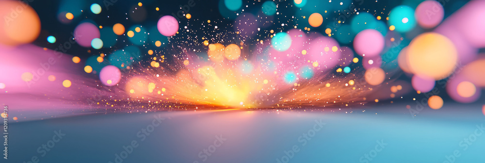 Poster a mesmerizing display of colorful light particles emanating from a central point in an ethereal, abs