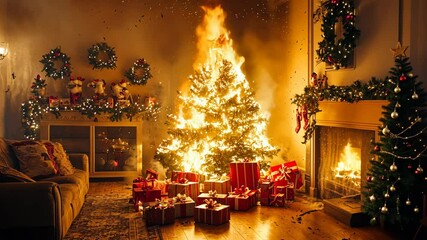 A Christmas tree catches fire from faulty string lights, picture - Powered by Adobe