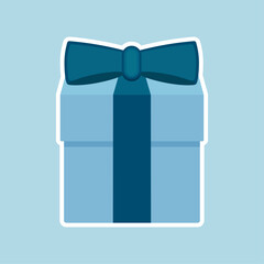 Father's day and birthday sticker. Blue gift box with blue bow and white outline on light blue background. Vector illustration for Black Friday and Cyber ​​Monday sale. Bright square background.
