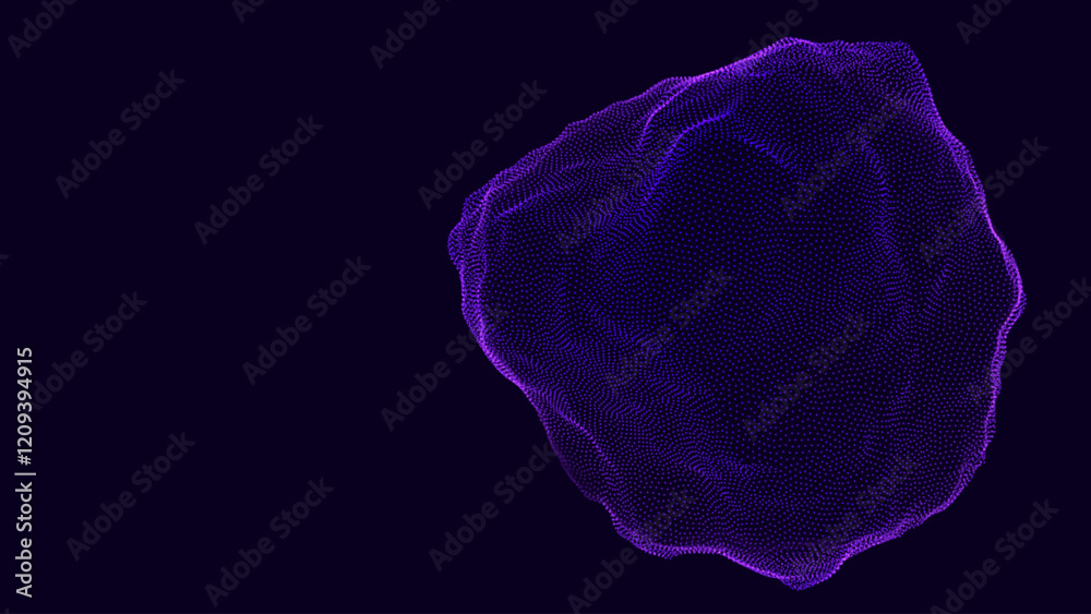 Poster Abstract Deformed 3D Sphere. Bright Glowing Radial or Circular Digital Equalizer. 3D Illuminated Distorted Sphere of Glowing Particles and Lines. Visualization of Voice, Music Playback. Vector.