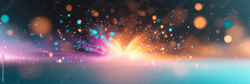 Fototapete A captivating abstract scene with colorful light particles emanating from multiple points, creating a complex burst in space,