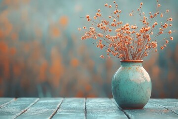 A turquoise ceramic vase with delicate dried flowers placed on a weathered wooden table, creating a rustic aesthetic.
