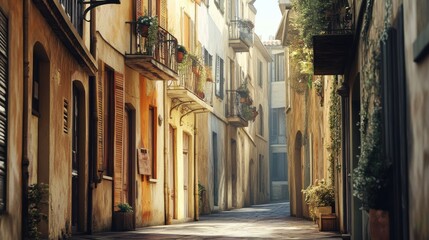 Obraz premium Charming narrow alleyway with sunlight filtering through historic buildings.