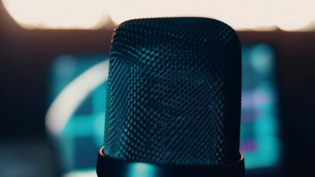 Dramatic zoom in on a microphone, low key lighting, with a dimly lit podcaster in the background, equipment, studio