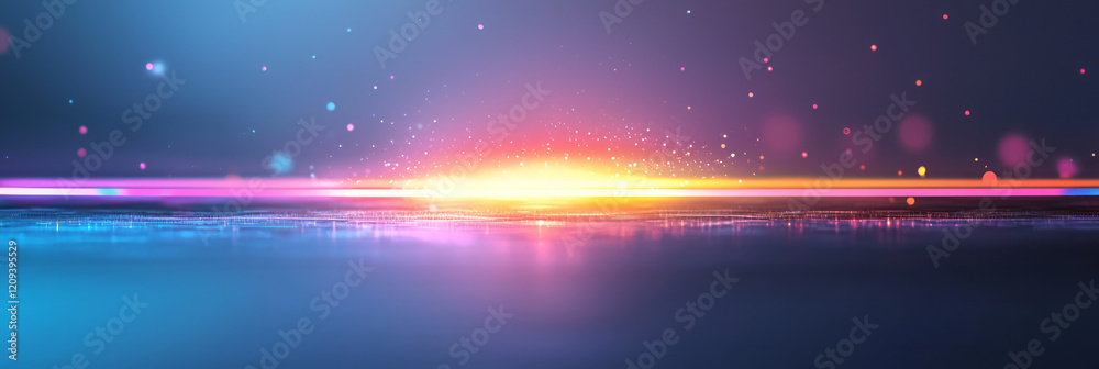 Poster A striking abstract scene with a burst of colorful light particles creating a halo effect in a minimalist space background,