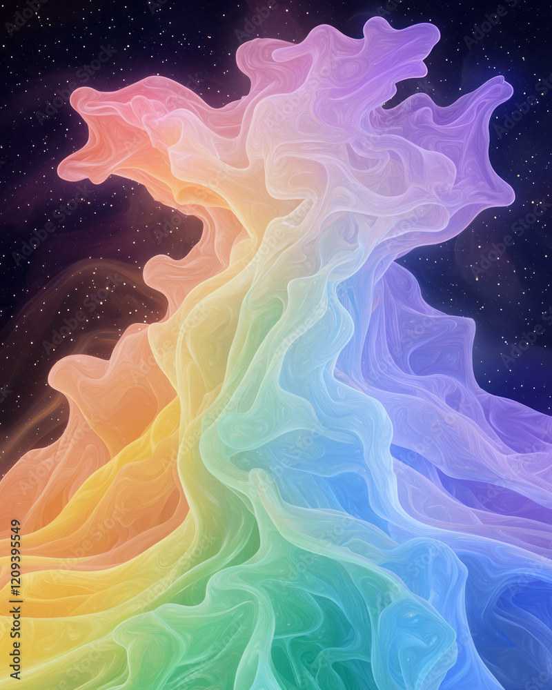 Poster An enchanting abstract artwork with colorful light particles bursting from the center, creating a mesmerizing pattern in space,
