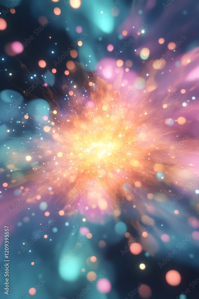 Poster a vibrant display of colorful light particles exploding in an abstract space, forming intricate and 