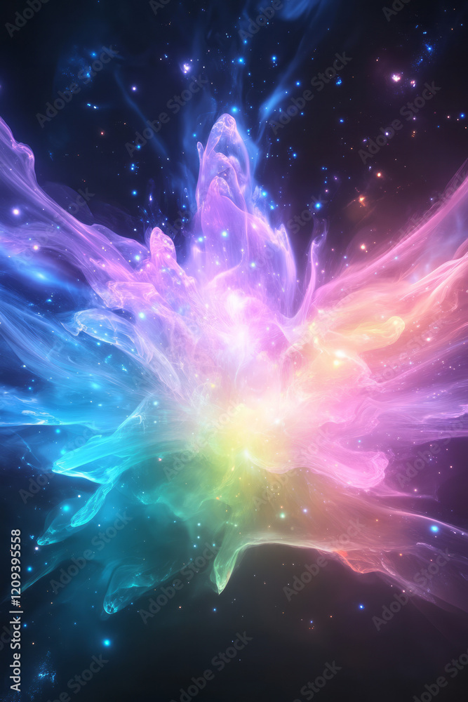 Poster a vibrant display of colorful light particles exploding in an abstract space, forming intricate and 