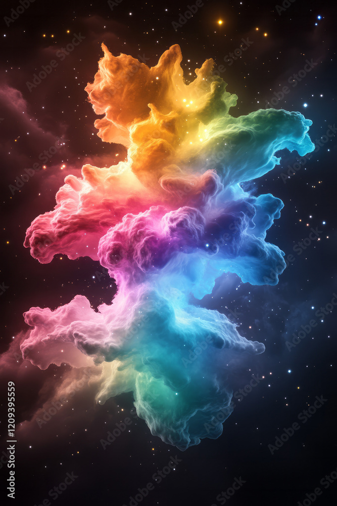 Aufkleber an ethereal abstract burst of colorful light particles floating gracefully in a vast, dark cosmic sp