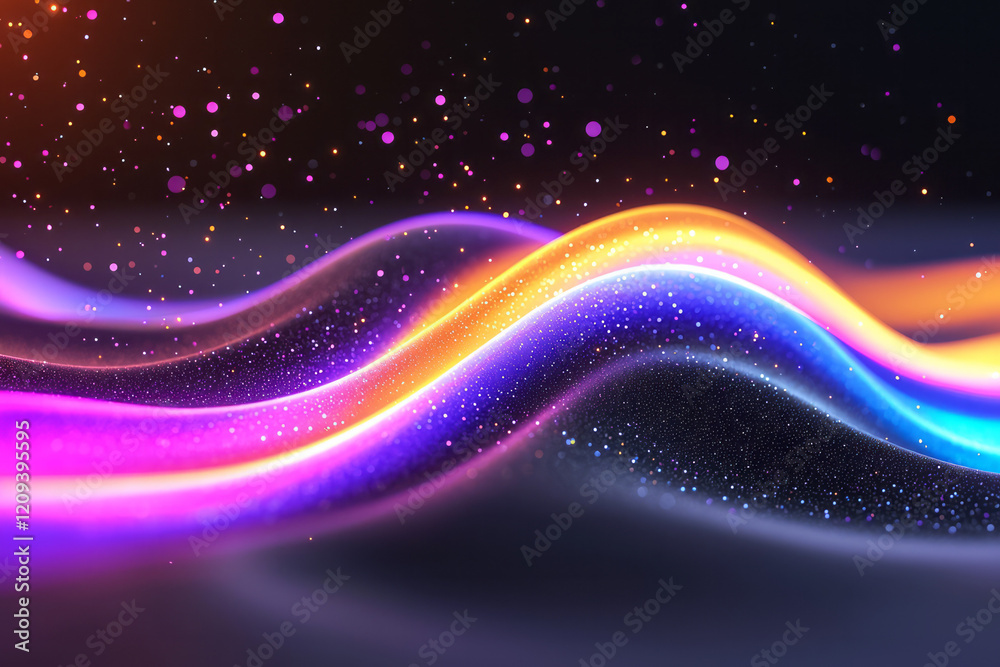 Poster a captivating abstract composition with a colorful explosion of light particles creating waves and r