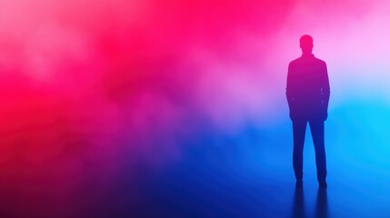 Futuristic silhouette in vibrant cyberpunk scene with geometric shapes