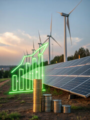 Green Energy Growth Concept with Wind Turbines and Solar Panels
