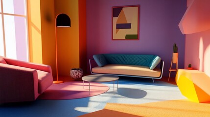 A vibrant room scene with colorful walls and furniture, showing a modern living space with abstract art and indoor plants