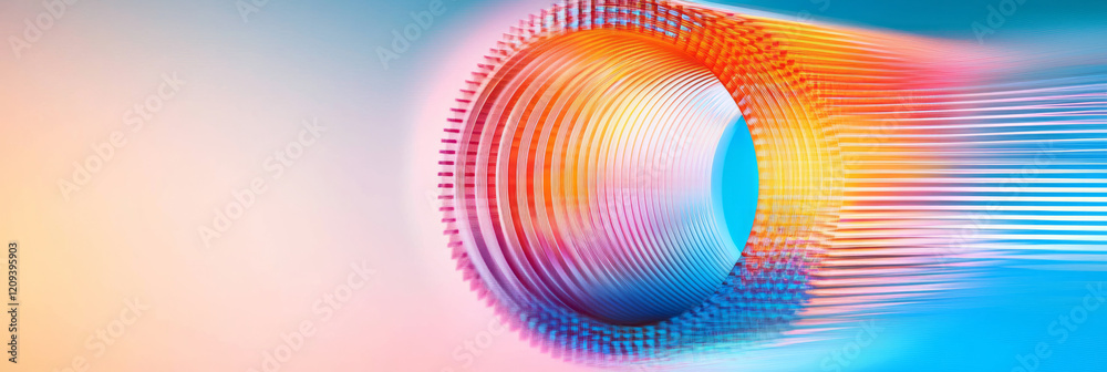 Poster an abstract digital pixel artwork with radiant circular gradients in neon orange and blue, creating 