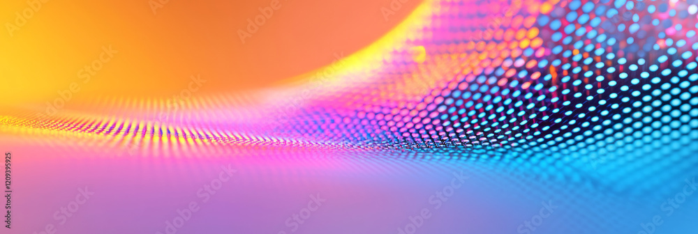 Poster An abstract digital pixel artwork with radiant circular gradients in neon orange and blue, creating a striking and energetic visual effect,