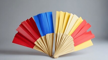 Colorful Handheld Folding Fan with Red Yellow and Blue Panels