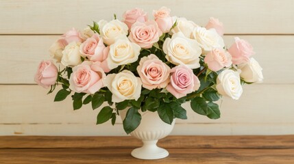 Obraz premium Elegant arrangement of pink and white roses in a decorative vase for home decor and celebration