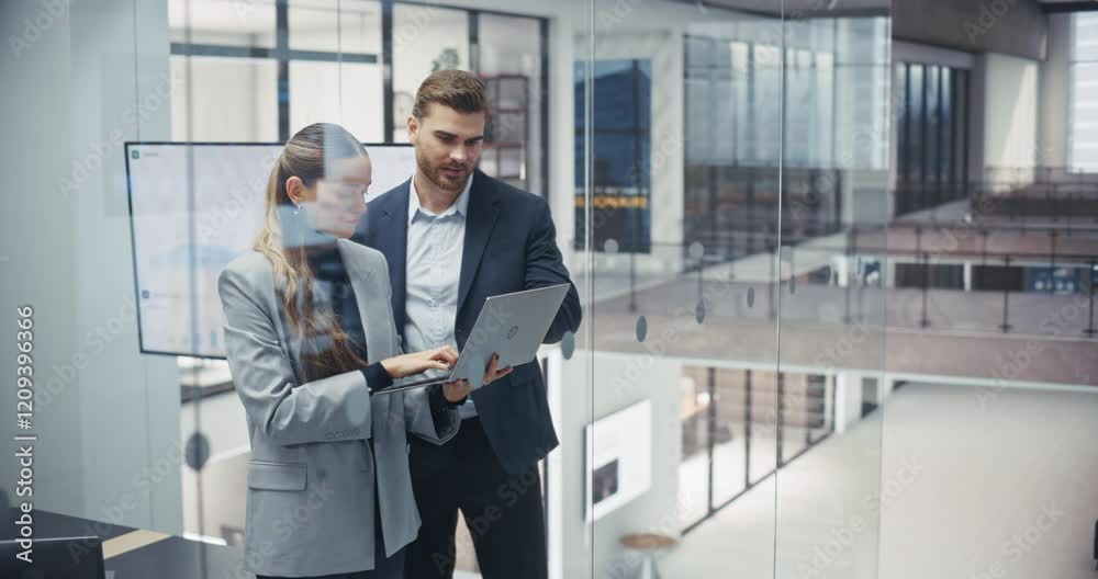 Aufkleber team leader and a manager having a conversation in office, standing in a meeting room, using laptop 