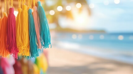 Colorful tassels and vibrant stalls at a beach market with a dreamy ocean backdrop